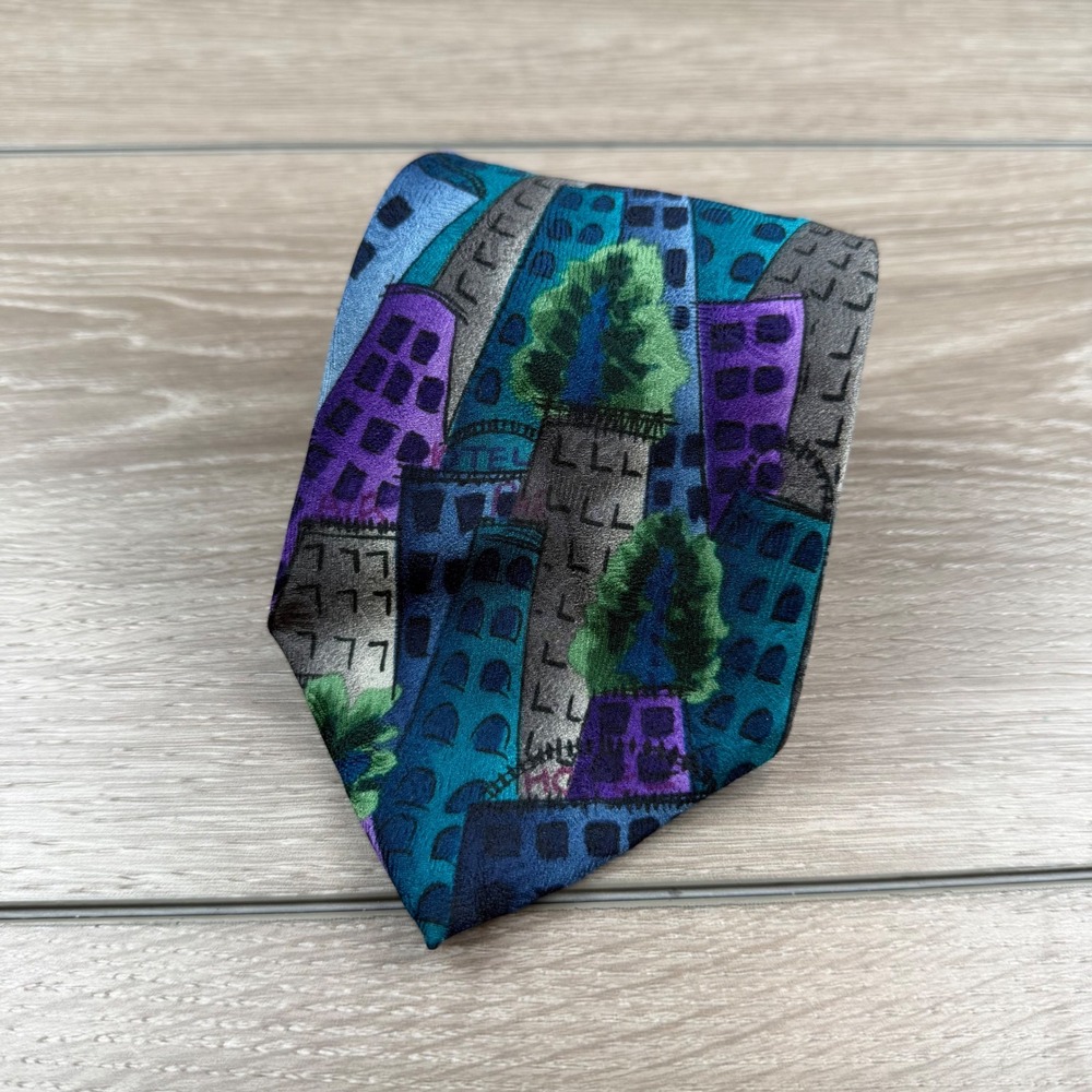 J. Garcia Mens Necktie Collector's Edition Abstract Cityscape Silk Blue Purple